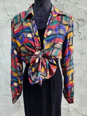 80s/90's Style Vintage 100% Silk Abstract Shapes Colorful Long Sleeve Blouse